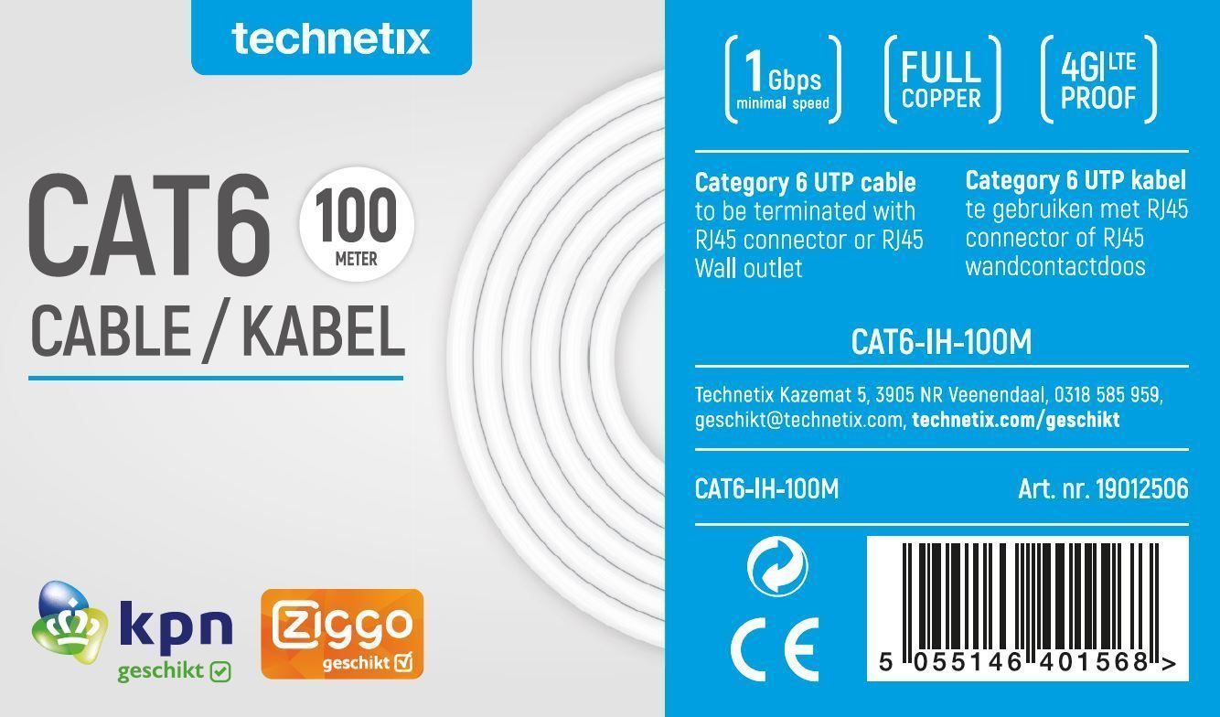 Netwerkkabel CAT6, 100 meter wit